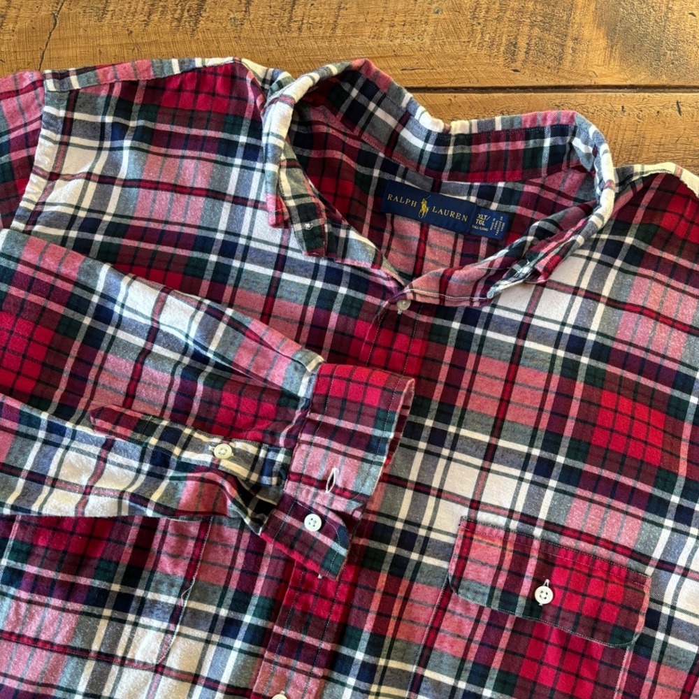 Ralph Lauren Mens Red Green Blue Plaid Flannel Long Sleeve Button Down Shirt XLT